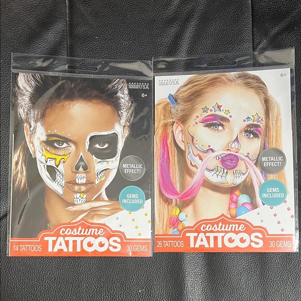Halloween / Cosplay Costume Tattoos (2-Packs) – Metallic Effect + Gems Included